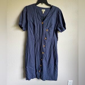 Mo:Vint Navy Linen Blend A-Line Button Up Dress Womens L Vintage Inspired
